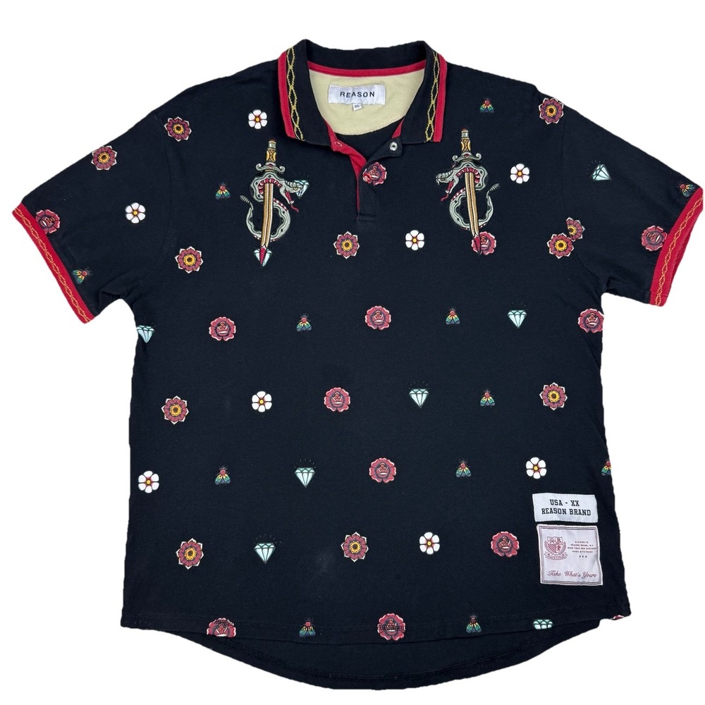 Reason‎ Brand Men XL Polo Shirt Black Embroidered Dagger Snake Goth Grunge Y2K